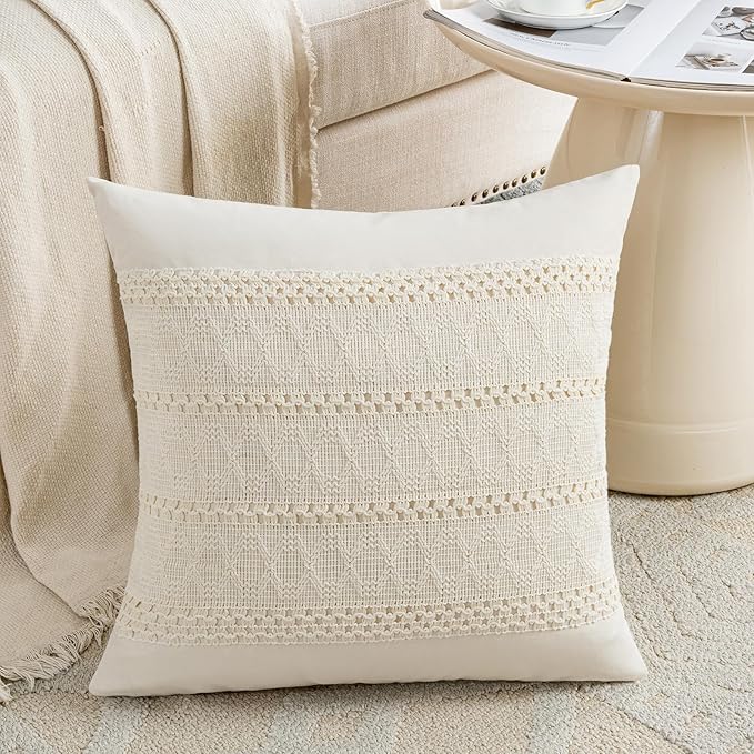 Fancy Homi Set of 2 Boho Cream Decorative Throw Pillow Cover 20x20 Inch for Couch Bed Sofa, Aesthetic Modern Organic Farmhouse Home Decor, Soft Cotton Cute Accent Macrame Woven Cushion Case