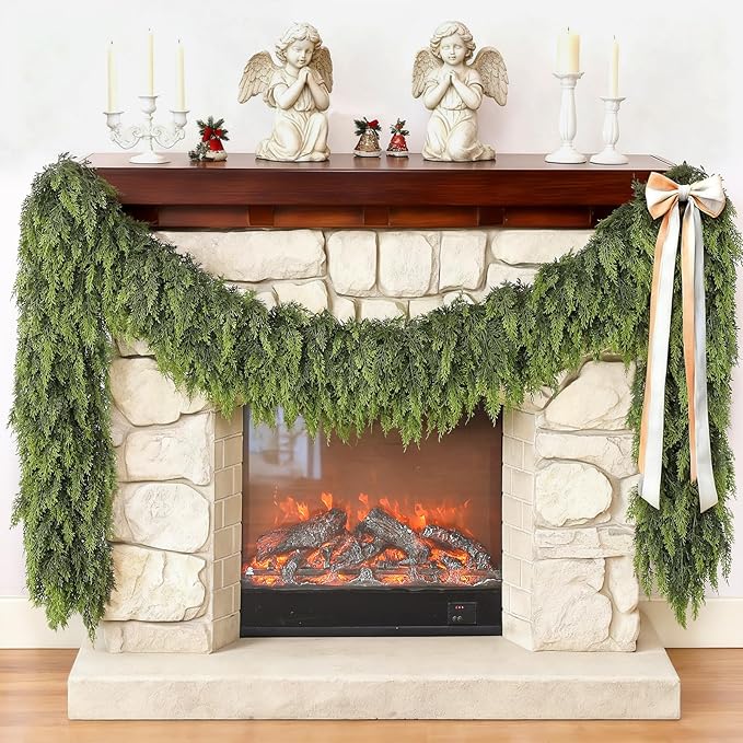 6FT Cedar Garland for Fireplace - Artificial Christmas Garland Thick and Lush Realistic Faux Cedar Fake Pine Needles Garland for Table,Window,Stairs,Mante,Indoor Outdoor Decor (1PCS)