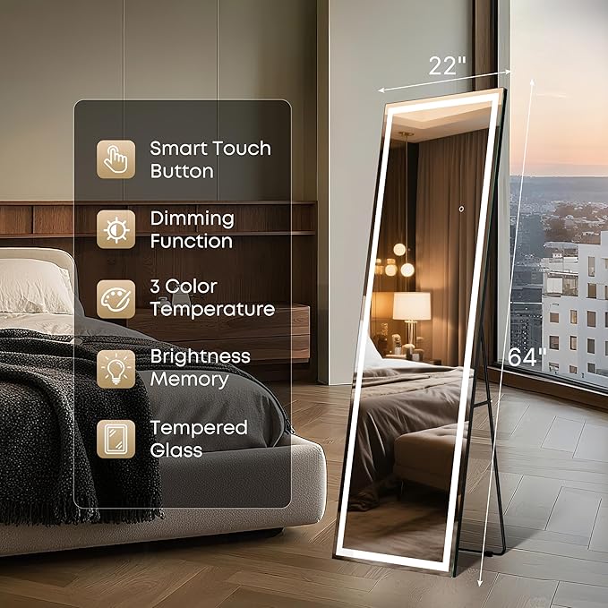 64" x 22" Full Length LED Floor Mirror - Big Wall/Standing Mirror with Lights, Dimmable Touch Screen & Adjustable Color (White/Warm Light), Full Body Mirror for Bedroom, Dressing Room, Vanity, Makeup