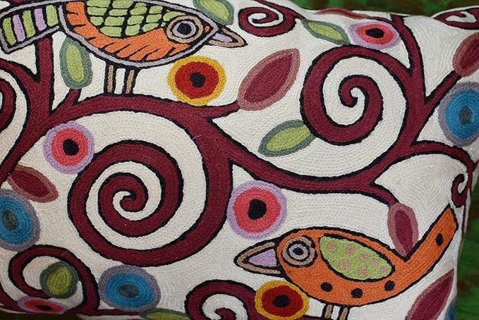 Lumbar Klimt Modern Pillow Cover | Cream, Multicolor Tree of Life, Birds, Floral Suzani Floral Pattern | 14" x 20" | 1 Count