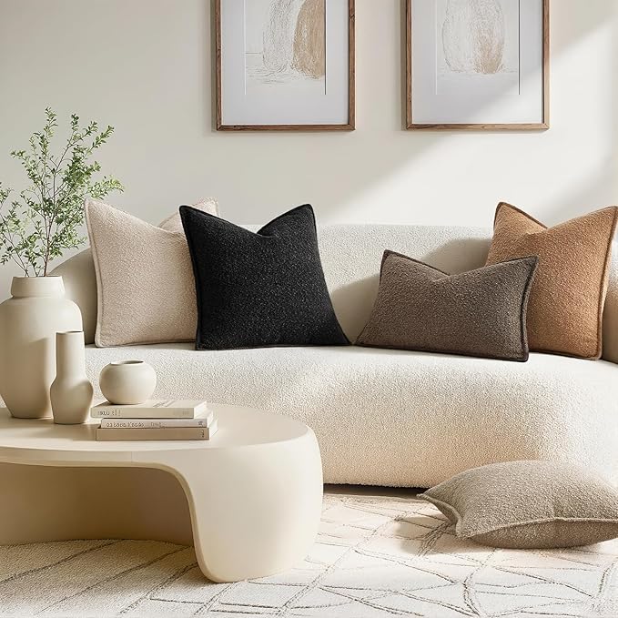 MIULEE Pack of 2 Decorative Textured Boucle Throw Pillow Covers 22x22 Inch Black Broadside Thick Boho Pillows for Farmhouse Accents Sofa Couch Bedroom Living Room Home Decor