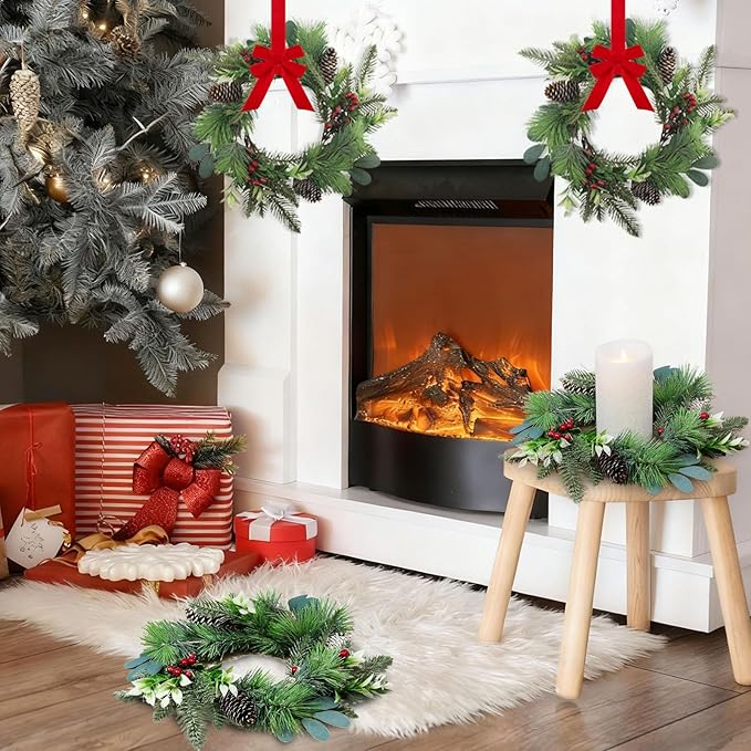 6 PCS 9" Small Christmas Norfolk Wreaths Mini Cabinet Wreaths for Kitchen with Red Berry Pinecone Cedar Bows Snowy Pine Wreath for Xmas Front Door Window Fireplace Home Table Pillar Stairs Decor