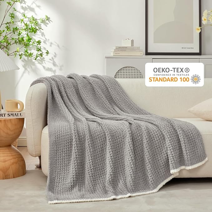 Snuggle Sac Ultra Soft Waffle Throw Blanket for Couch Bed Sofa 50x60 inches, Reversible Grey Blanket Microfiber Fluffy Fuzzy Cozy Knit Throws for Women Mothers Birthday Gifts
