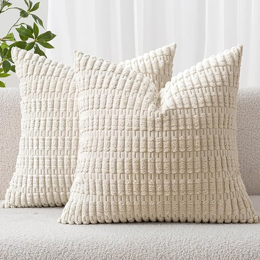 MIULEE Pack of 2 Corduroy Decorative Throw Pillow Covers 12x12 Inch Soft Boho Striped Pillow Covers Modern Farmhouse Home Decor for Sofa Living Room Couch Bed Cream White