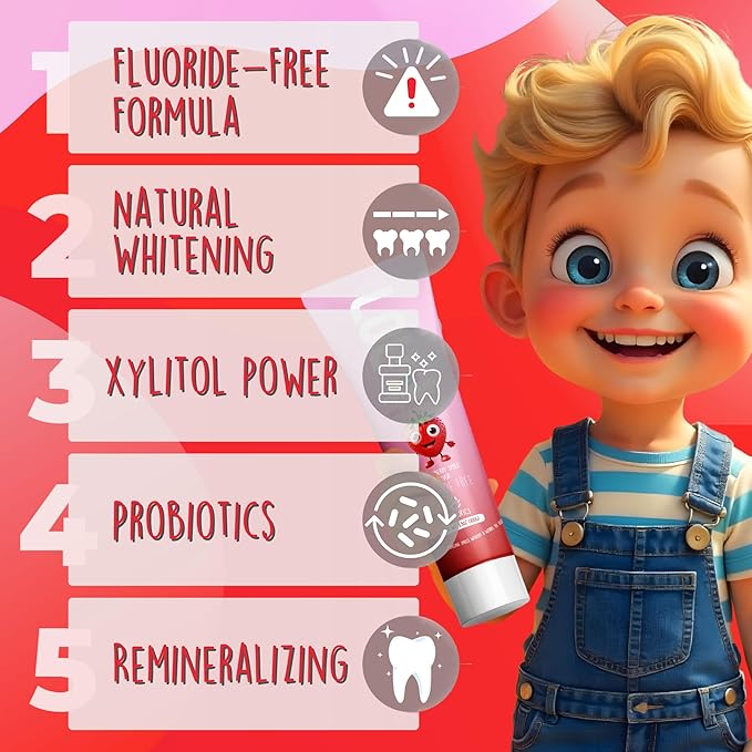 LOL Fluoride Free Toothpaste Kids, Nano Hydroxyapatite Toothpaste,Probiotics & Xylitol Tooth Paste Kids | Remineralizing | Natural | Plant-Based Foam | Pasta De Dientes para Niños. (Strawberry)