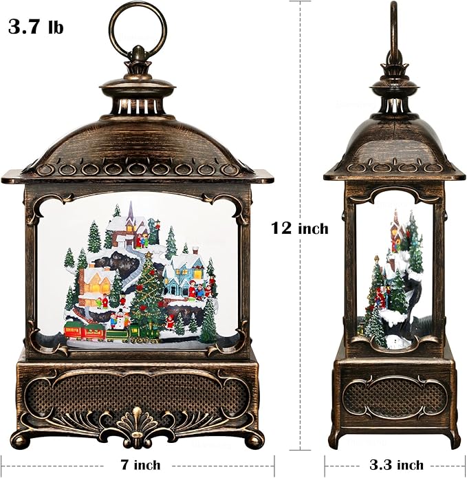Village Snow Globe Christmas Decorations Gifts Auto Snowfall Glitter Music Collection Village Scene Train Tree Church Snowman with 6H Timer USB/Battery Powered 12 inch