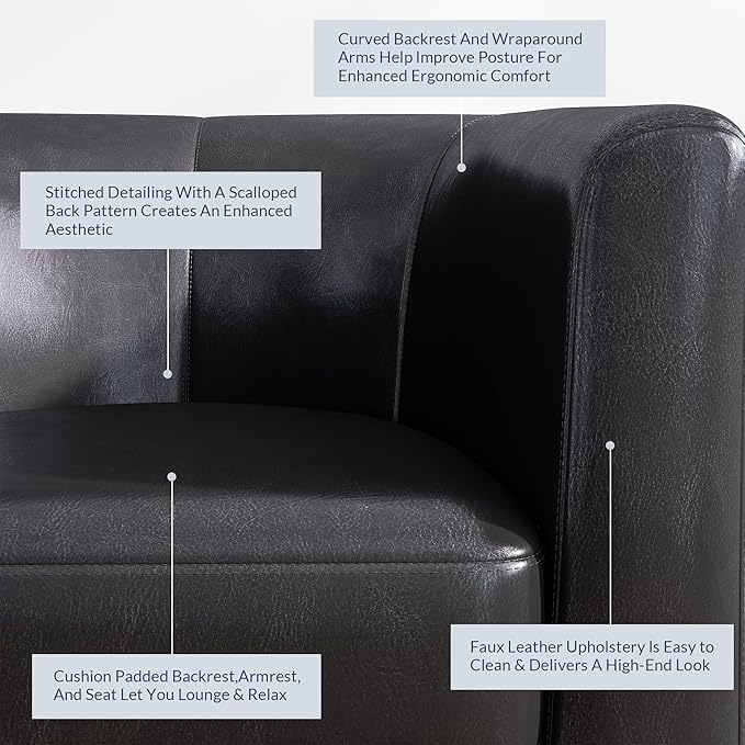 BELLEZE Accent Barrel Chair, Set of 2 Faux Leather Round Club Tub Sofa Corner Chair with Flared Legs and Cozy Soft Padding for Living Room Bedroom Waiting Room - Black