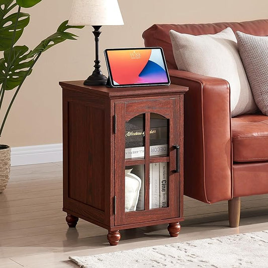 Narrow Side Table,Farmhouse Nightstand with Charging Station,Wood End Table with Glass Barn Door Storage, Cabinet Organizer with Adjustable Shelf, Night Stand for Small Spaces for Living Room Bedroom