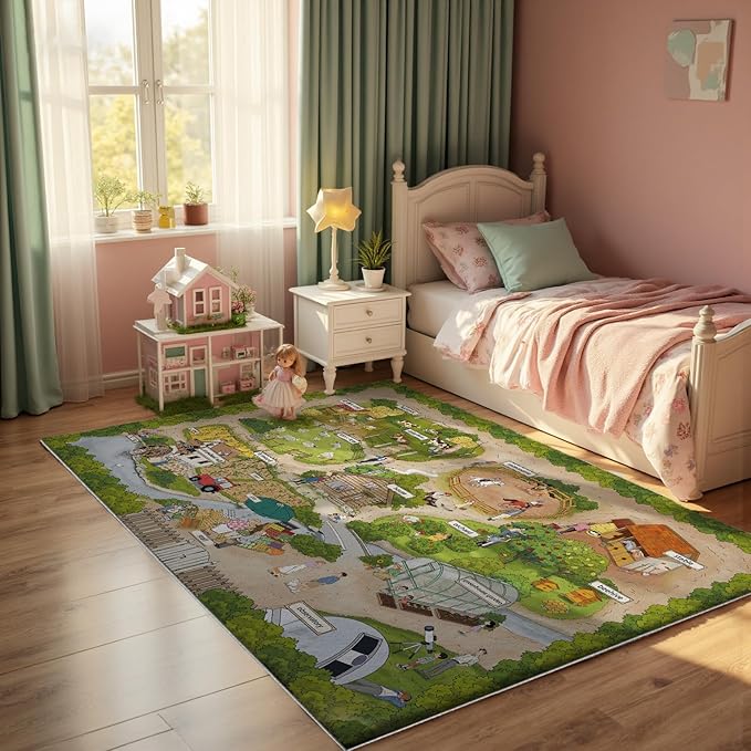 5x7ft Kids Farm Adventure Play Rug,Non-Slip Faux Wool Carpet with Interactive English Words, Educational Travel Map Design for Playroom, Bedroom, Nursery Gift