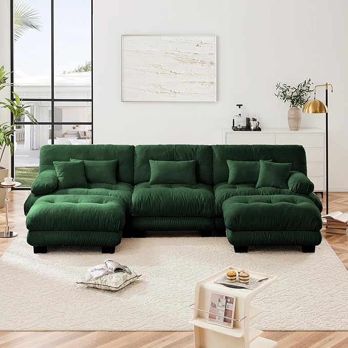 Modular Sectional Sofa, Comfy Cloud Couch 3 Seater Couch with Ottoman, Sectional Couches for Living Room, Modern Chenille U Shaped Couches, Sleeper Deep Seat Sofa with Throw Pillows, Green