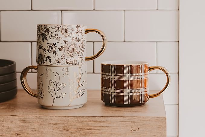 Sweet Water Decor Gold Leaves Mug with Gold Handle, 14oz Fine Bone China Coffee Cup for Tea, Latte, or Hot Cider, Autumn Leaf Drinkware, Fall Decorations for Kitchen, Gift for Mom, Sister & Wife