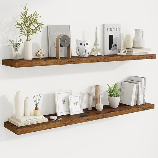 Fun Memories 55 Inch Fireplace Mantel Shelf -Long Floating Shelves, Deep Wall Mounted Farmhouse Display Shelves with Invisible Heavy Duty Metal Bracket, Brown, 2 Pack