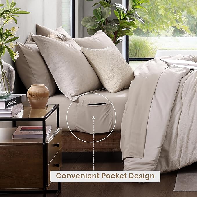 Monbix Full Size Comforter Set, Oatmeal Bedding Comforter for Full Size Bed Set Reversible, Bedding Sets Full 7 Pieces, Cationic Dyeing Bed in a Bag with Comforter, Sheets, Pillowcases & Shams