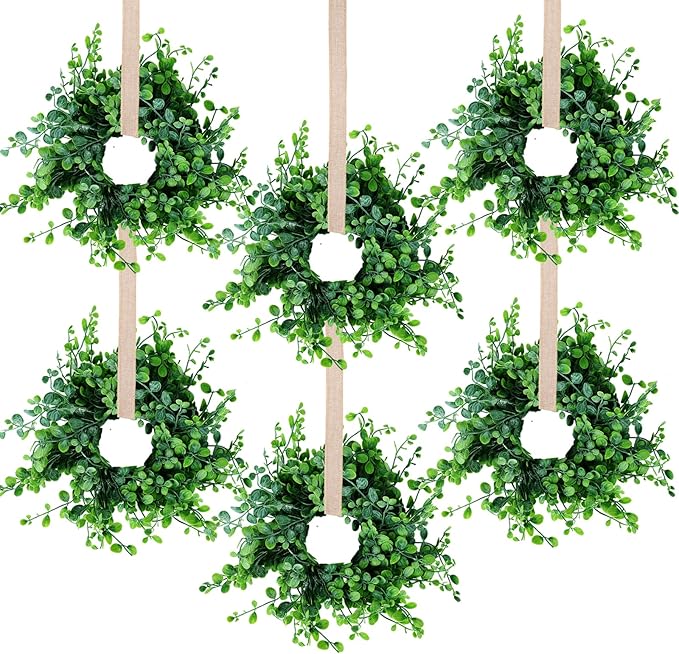 6 Pcs Mini Green Boxwood Candle Rings Wreaths Green Kitchen Cabinet Wreath 3 Inch Wedding Candle Holder for Front Door Porch Outside All Season Wedding Home Tabletop Decoration