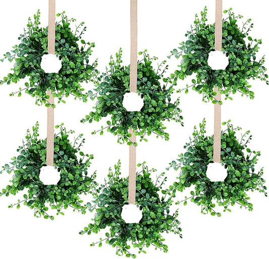 6 Pcs Mini Green Boxwood Candle Rings Wreaths Green Kitchen Cabinet Wreath 3 Inch Wedding Candle Holder for Front Door Porch Outside All Season Wedding Home Tabletop Decoration