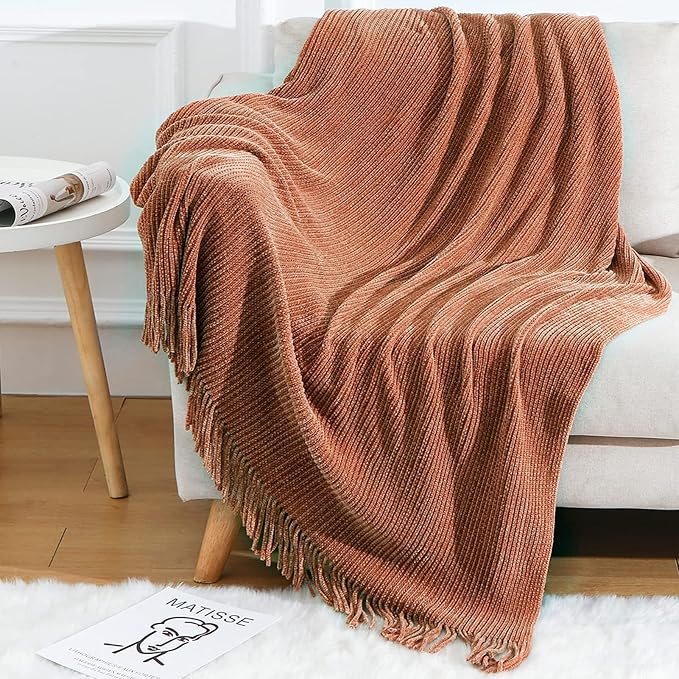 Blagic Knitted Throw Blanket for Couch Soft Farmhouse Boho Throw Blanket with Tassels Home Decorative Lightweight Throw Blankets,Maple Brown Throws for Bed/Chair/Sofa, Stripe Textured,50" W x 60" L