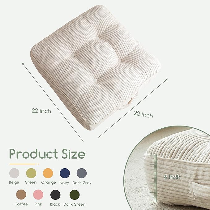 6" Washable Floor Pillow Cushion for Adults, Meditation Cushion Pillow, Large Square Floor Sitting, Removable Tufted Corduroy Cover, for Tatami Living Room or Yoga, 22x22 Inch, Machine Washable