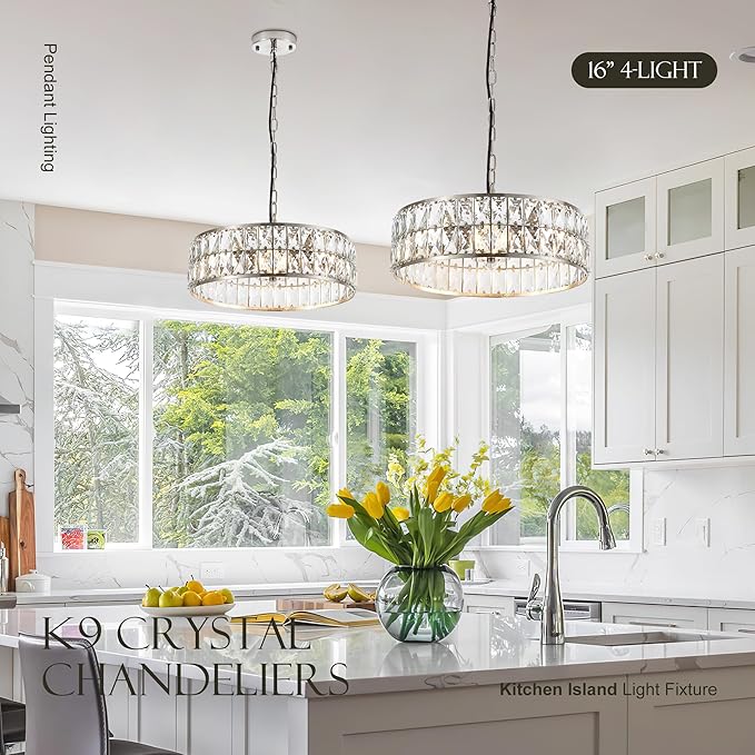 16” 4-Light Modern Crystal Chandeliers Nickel Dinning Room Light Fixture, Round Pendant Light Kitchen Island Chandelier, Flush Mount Ceiling Light for Living Room Entryway Bedroom Foyer