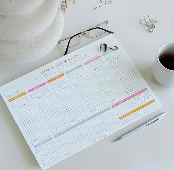 ThreeKin Weekly Planner - Premium 52-Sheet Tear-Off Notepad, 8.5 x 11 inches, Clean Colorful Design, Perfect for Work, School, Projects, and Entrepreneurs, Female & USA Owned Business