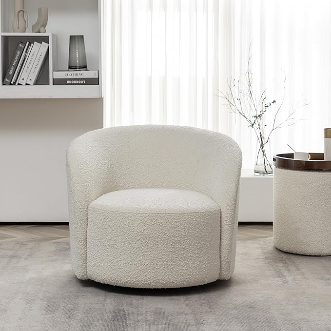 KINWELL 34" W Mid Century Modern Swivel Barrel Chair, Round Upholstered Boucle Swivel Accent Chairs, No Assembly Sofa Chair for Living Room Bedroom Reading Apartment Lounge Nursery(Cream)