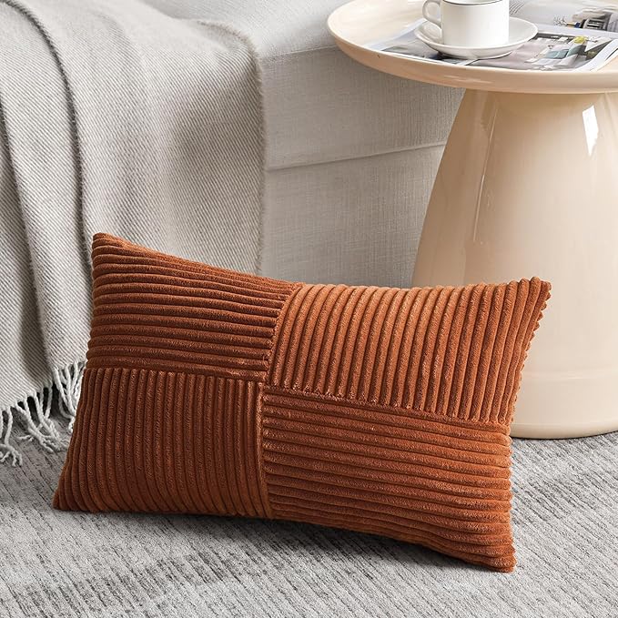 Fancy Homi 2 Packs Rust Long Lumbar Decorative Throw Pillow Covers 16x24 Inch for Couch Bed Sofa, Farmhouse Boho Home Decor, Soft Striped Corduroy Rectangle Accent Terracotta Cushion Case 40x60 cm