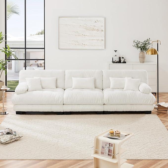 Modular Sectional Sofa Cloud Couch 3-Seater Deep Seat Sofa Couch, Oversized Couch Bed Sectional Couch with Round Bolster Armrests 5 Pillows, Modern Sofa Chair Comfy Couch(White)