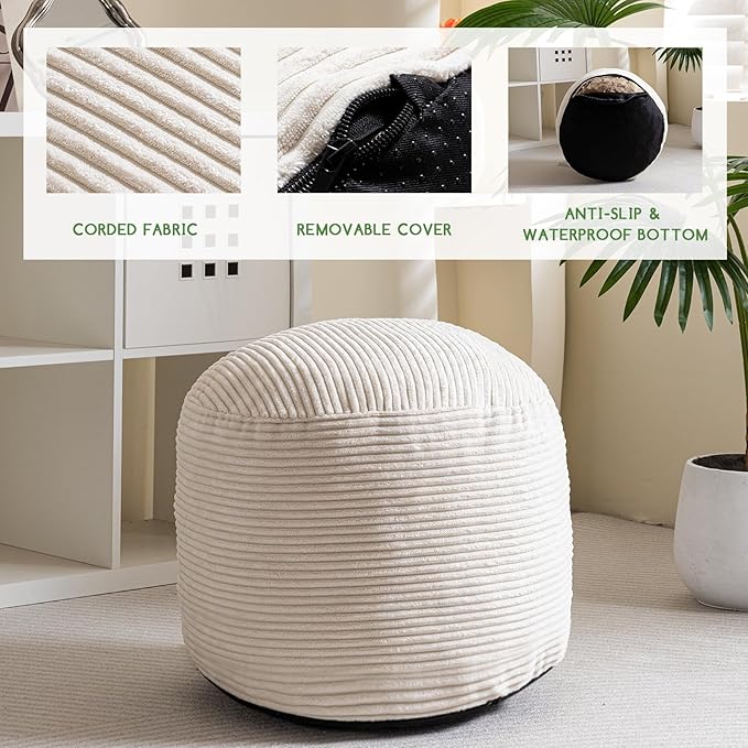 HIGOGOGO Round Stuffed Pouf Ottoman, Corduroy Poufs with Foam Chunk Filling, Furry and Fluffy Pouf Foot Stool Storage Ottoman, 20 X 15 Floor Poufs Foot Rest for Living Room, Beige