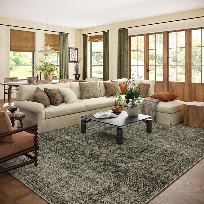 10x12 Area Rugs for Living Room: Large Washable Rugs Stain Resistant Non Slip Distressed Vintage Floral Rug Low Pile Faux Wool Soft Green Rugs for Bedroom Farmhouse Dining Room Kids Playroom Nursery