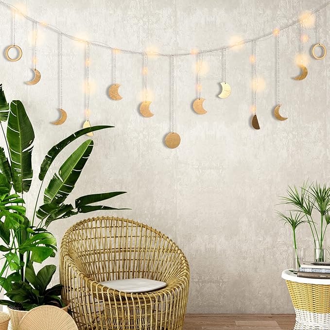 Moon Phase Wall Decor with LED String Light, 13 Gold Wood Boho Wall Hanging Decor Mood Garland 56'' - Celestial Phases Moon Decor in Bohemian Style for Bedroom Home Living Room