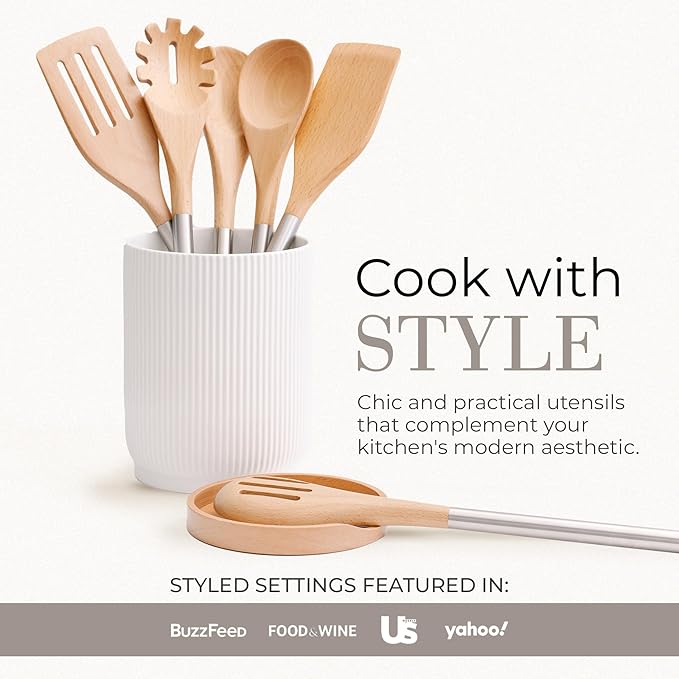 STYLED SETTINGS Wood Cooking Utensils Set with Stainless Steel Handles – 6-PC Durable Wooden Spoons for Cooking, Serving, & Mixing – Kitchen Utensils Set for Nonstick Cookware, Great for Gifting