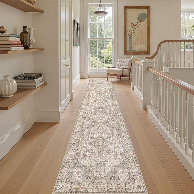 Washable 2.6x12 Runner Rug - Area Rugs Neutral Vintage Distressed Floral Farmhouse Boho Large Soft Floor Rug Indoor Carpet for Hallway Entryway Kitchen Home - Brown/Multi