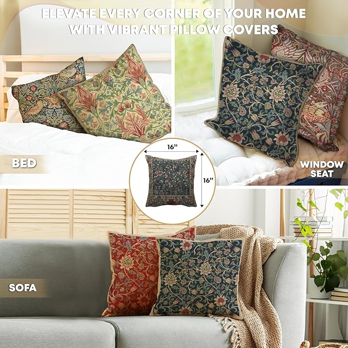 Charlotte Home Furnishings Throw Pillow Covers 16x16 in, Green Tree Decorative Couch Pillow Covers, Boho Decor European Tapestry Cushion Cases, Living Room Cozy Home Decor, Jacquard Woven Soft Cotton