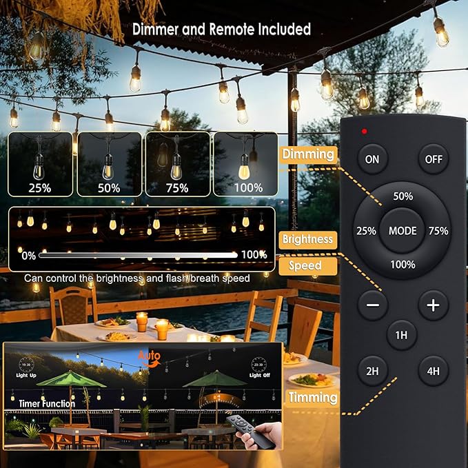 190FT Remote Controlled Outdoor String Lights Patio String Lights for Outside, 60+3 Shatterproof S14 Warm Lights String Outdoor for Bistro Café Gazebo Backyard, Linkable, 2 Pack