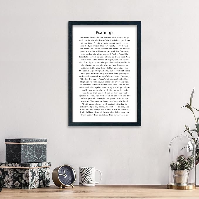 LuZhiQiang Psalm 91 Scripture Wall Art 16"×11" Bible Verse Christian Inspirational Sign Wood Framed Wall Hanging Decor (Black)