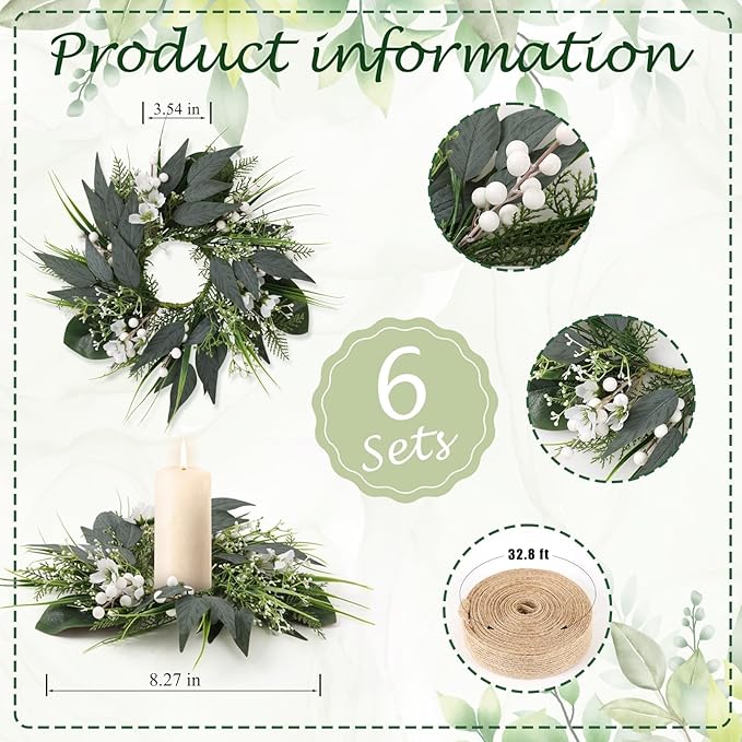 6 PCS Spring Wreaths for Front Door Green Wreath with White Flower Artificial Green Wreath with Ribbon for Pillar Front Door Porch Wall Window Farmhouse Decoration All Seasons