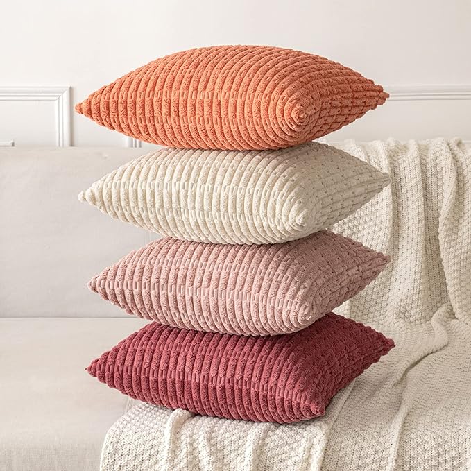 MIULEE Pack of 2 Corduroy Decorative Euro Sham Throw Pillow Covers 22x22 Inch Soft Boho Striped Pillow Covers Modern Farmhouse Home Decor for Summer Sofa Living Room Couch Bed Coral