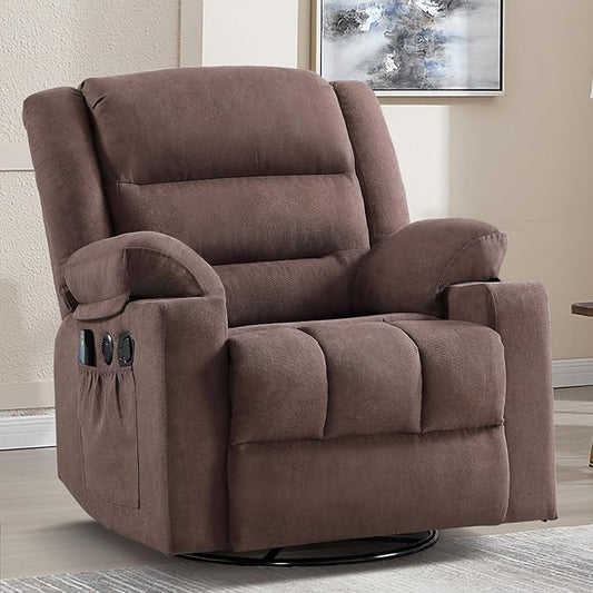 Rocker Recliner Chair with Heat and Massage, 360° Swivel Recliner Chairs for Adults, Heavy Duty Reclining Sofa Chair with USB Port Cup Holders Side Pockets for Living Room (Brown)