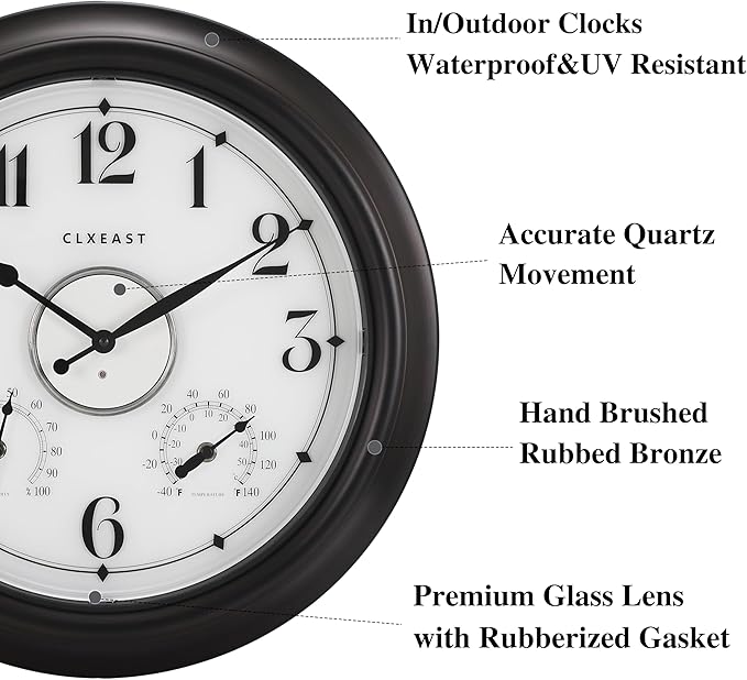 CLXEAST Illuminated Indoor Outdoor Clocks Waterproof 18 inch with Smart Night Light Sensor,Large Wall Clock with Thermometer & Hygrometer,Oil Rubbed Bronze Black,House Warming Gifts New Home