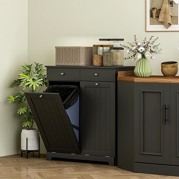 HOMCOM Laundry Hamper Cabinet with 2 Removable Baskets, Tilt Out Laundry Hamper Cabinet with 2 Drawers and 2 Beadboard Doors, Laundry Cabinet Bathroom Storage Cabinet, Black
