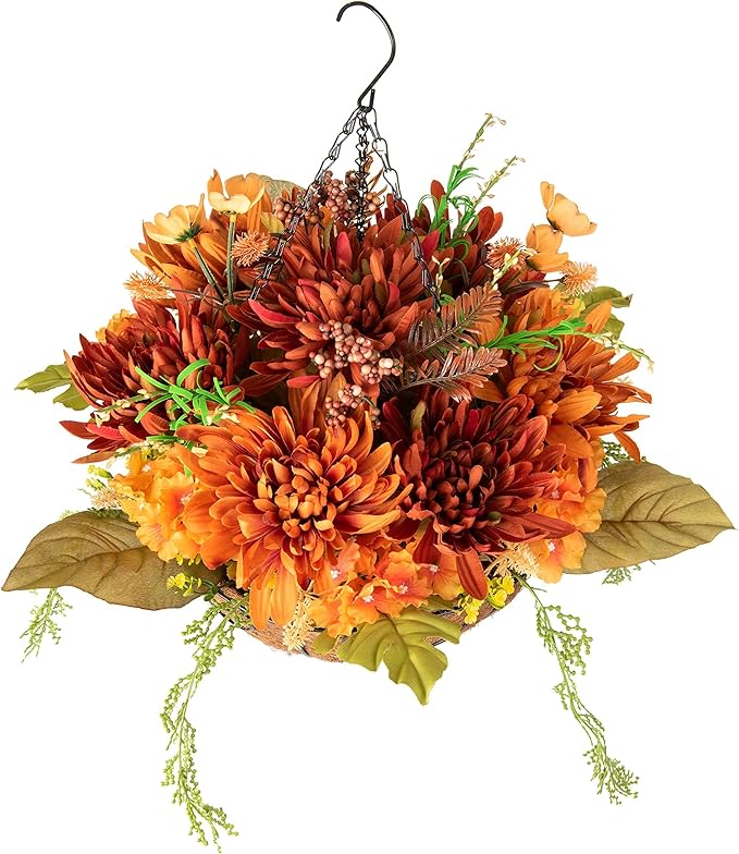 Artificial Fake Hanging Mums Flowers Plants Baskets for Outdoor Outside Decoration, Faux Silk Orange Flower Chrysanthemum UV Resistant Realistic for Porch Patio Balcony Yard Decor