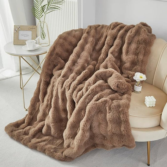 RYNGHIPY Faux Rabbit Fur Throw Blanket Ruched Plush Fuzzy Blanket for Couch Bed Sofa Heavy Warm Comfy Throws for Living Room Bedroom Machine Washable (Solid Brown, 51''x63'')