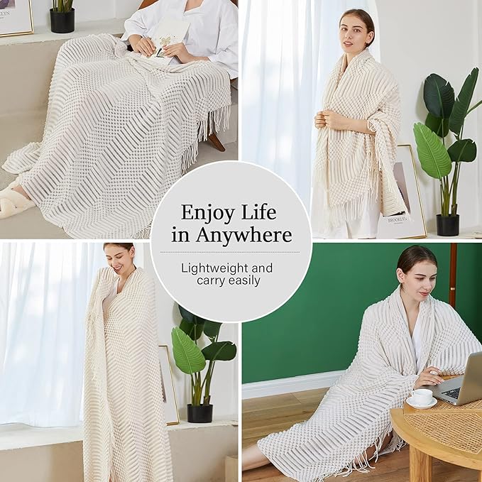 Blagic Knitted Throw Blanket for Couch Soft Farmhouse Boho Throw Blanket with Tassels Home Decorative Lightweight Throw Blankets,White Throws for Bed/Chair/Sofa, Pineapple Textured,50" W x 60" L
