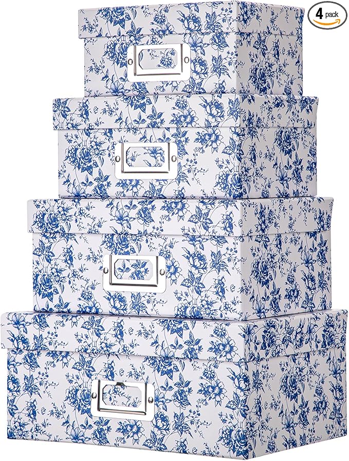 Briful Blue and white Porcelain Storage Boxes, Photos Storage Boxes with Lids 4 in 1 Set Water-proof Gift Boxes Sets Decorative Multiple Size Storage Bins for Clothes/Shoes/Office/Cosmetic/Books