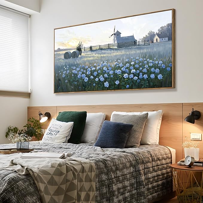 amatop Extra Large Wall Art Bedroom – Framed Country Landscape Canvas Art Blue Floral Field Windmill Print with Natural Wood Frame Rustic Wildflower Picture Home Decor for Living Room Office 58x29 Inch