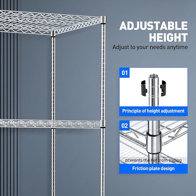 Rengue Wire Shelving with Wheels, 60"x 24"x72" Metal Storage Shelves, 4-Tier Heavy Duty Garage Storage Shelves, Chrome 2400LBS Capacity Wire Shelf Rack for Restaurant, Garage, Pantry, Kitchen