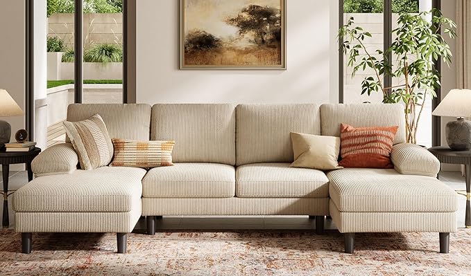 LINSY HOME Sectional Couch, 111'' W Corduroy U Shaped Sofa with Sleepable Armrests, 4 Seat Couch with Double Chaises, Deep Seat Sofa for Living Room, Beige