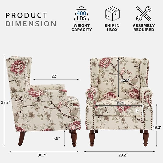 Lumibee Wingback Accent Chair, 2 Set High Back Floral Armchairs in Fabric,Comfy Upholstered Reading Single Sofa Chairs with Solid Wood Legs for Living Room,Bedroom,Office-Floral Beige