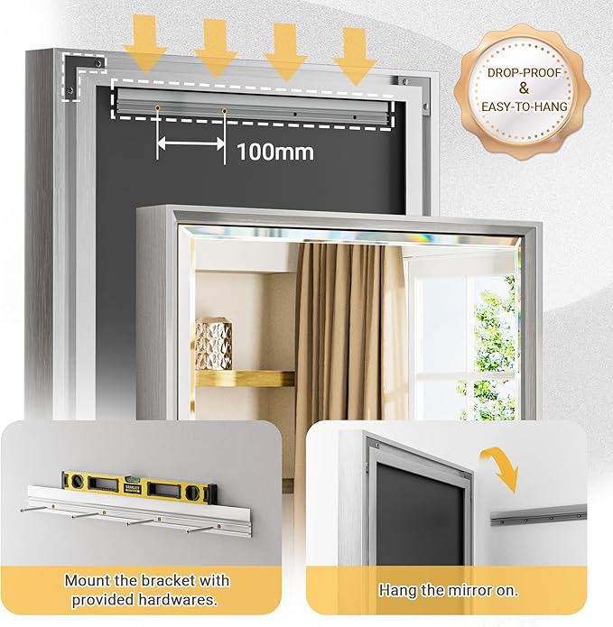 60'' x 36'' Large Beveled Silver Bathroom Vanity Mirror, Shatterproof Rectangle Silver Metal Framed Mirror for Bathroom Wall, Anti-Rust Wall-Mounted Mirror