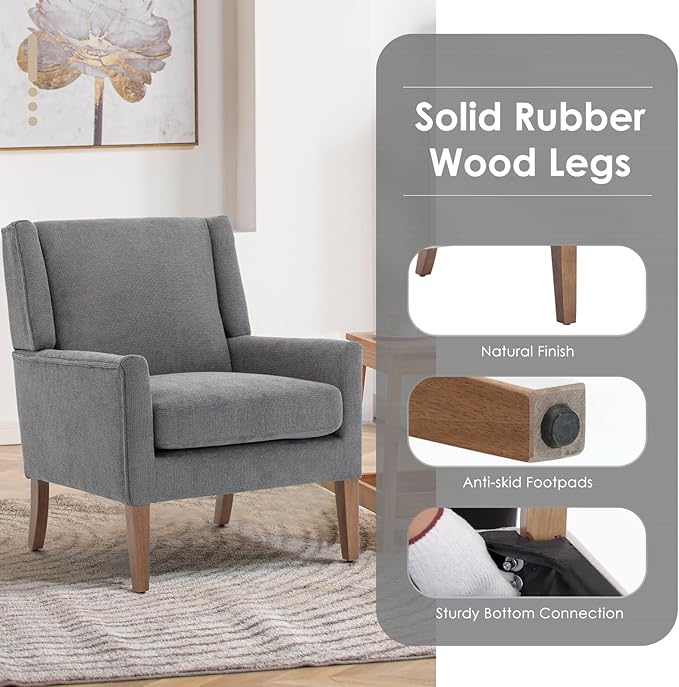 COLAMY Modern Wingback Living Room Chair, Upholstered Fabric Accent Armchair, Single Sofa Chair with Lounge Seat and Wood Legs for Bedroom/Office/Reading Spaces, Gery