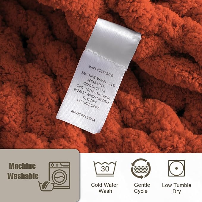 Chunky Knit Throw Blanket 60"X 80", 100% Handmade with Soft Chenille Yarn, 4.4lbs Thick Cable Knitted Blankets, Large Rope Knot Crochet Throws for Couch Sofa Bed Home Decor, Rust